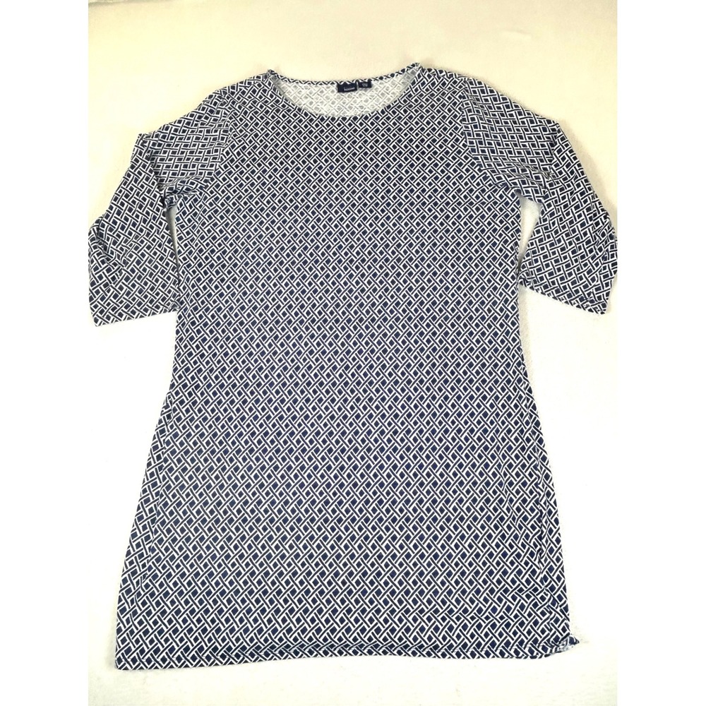 Basic Editions T-Shirt Women XL Blue Geometric Casual Preppy 3/4 Sleeve Top
